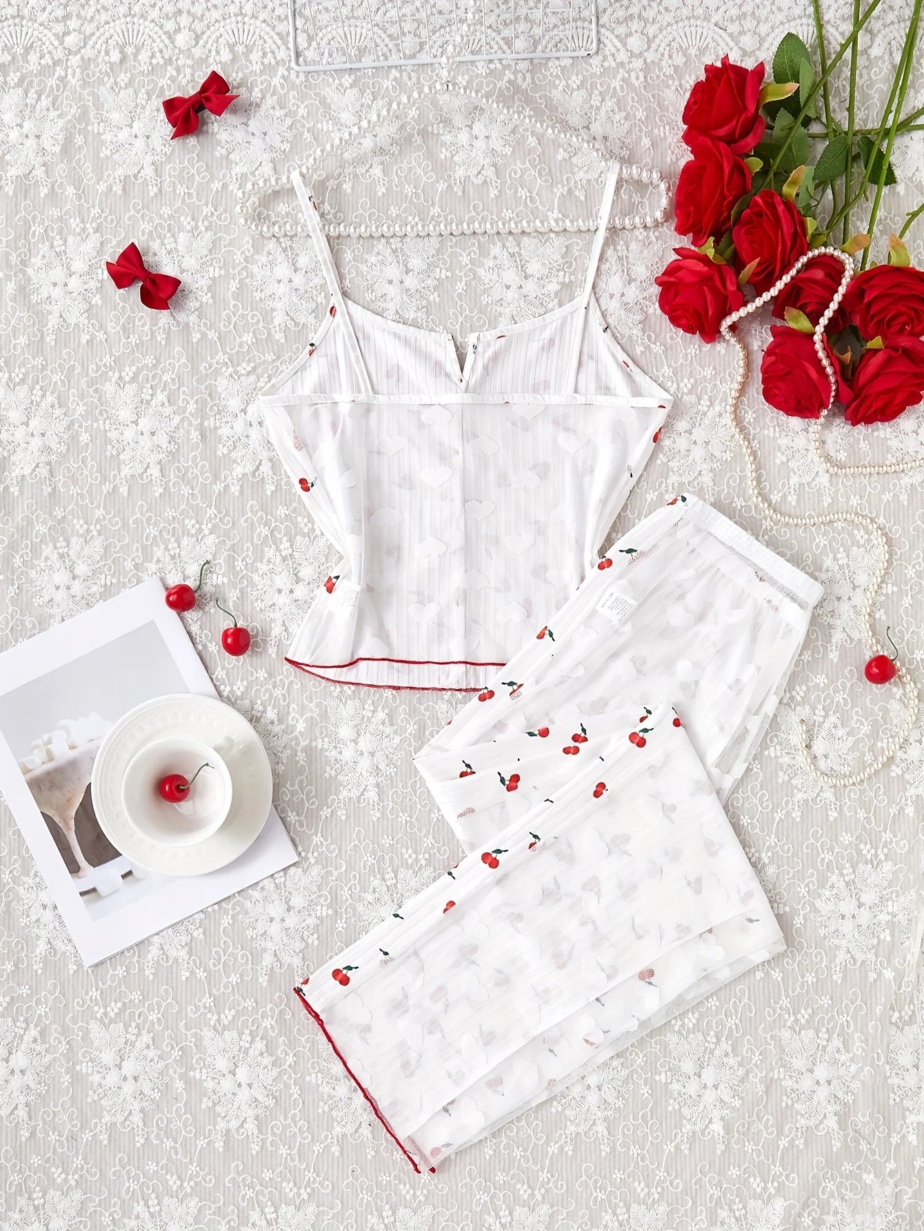 Women's Pajamas Set V-Neck Sleeveless Camisole Vest Cherry Printed Knitted Splicing Mesh Pants Sexy Home Pijama 2 Piece Woman