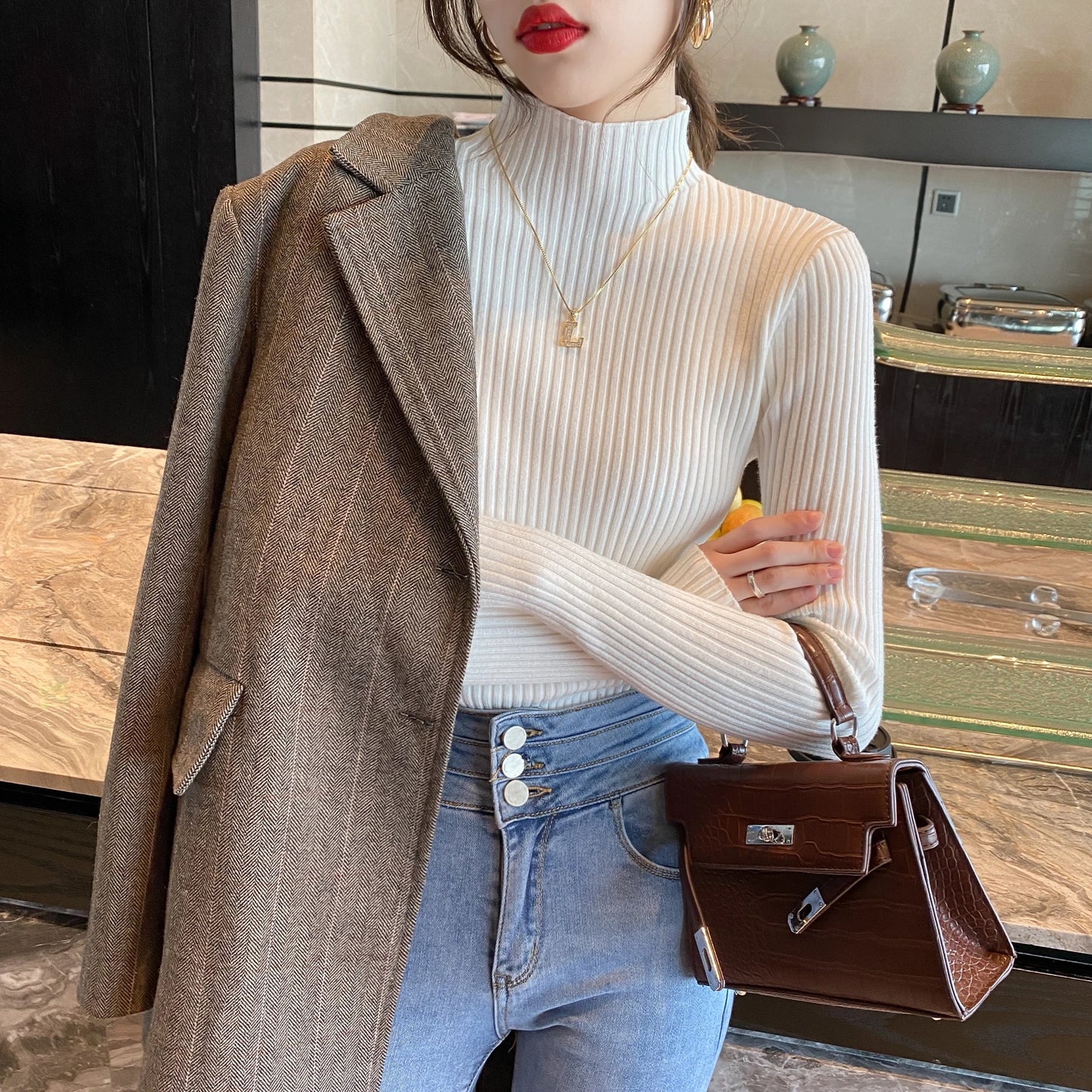 Winter Long Sleeve Mock Neck Knitted Women Sweater Pullover Slim Knit Sweater Women Tops Blusas Mujer De Moda 2024 Blusa J995