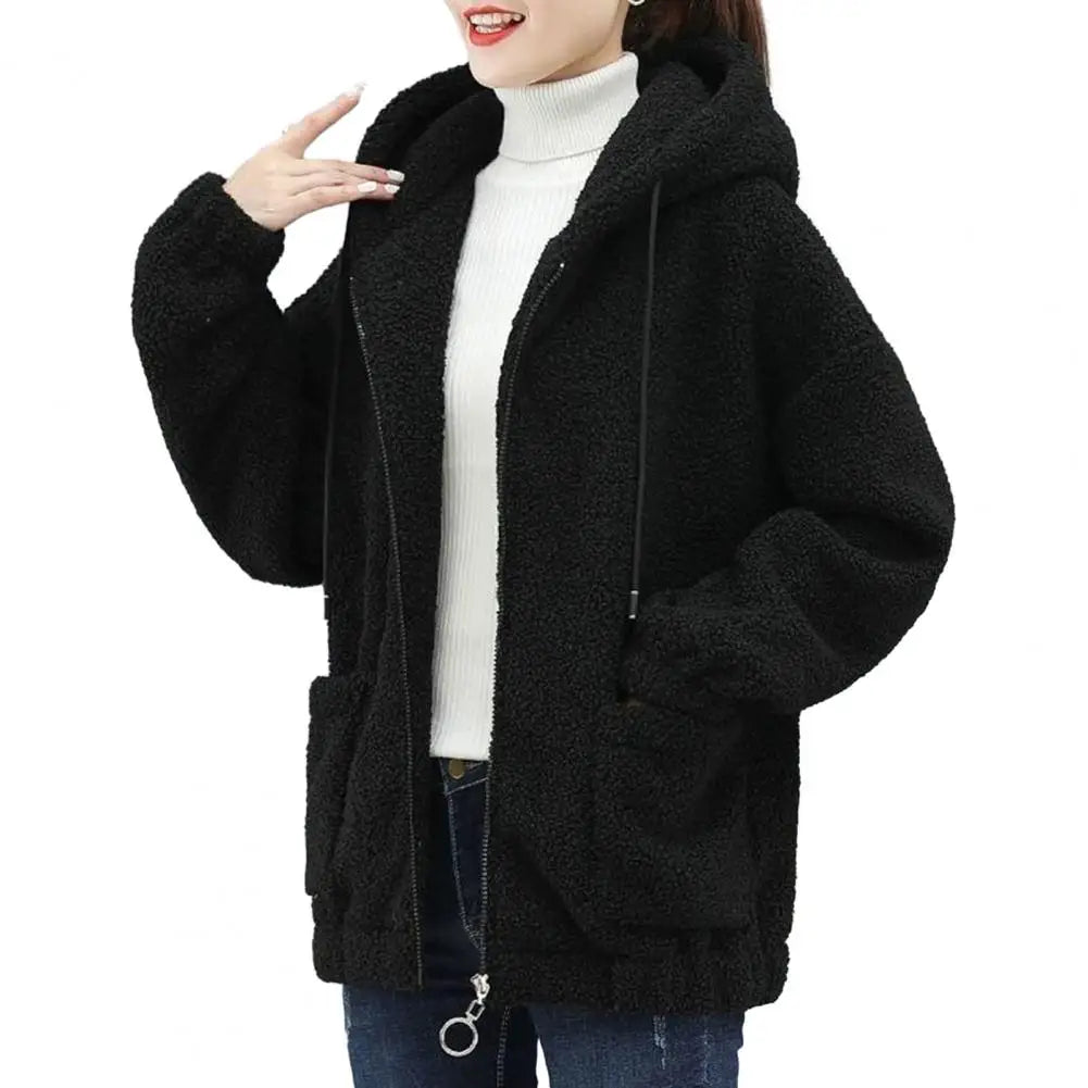 Women Coat Autumn Winter Hooded Drawstring Coat Long Sleeve Pockets Zipper Placket Thick Plush Cardigan Outwear Streetwear