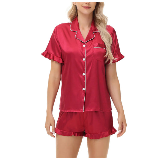 Luxurious Short Sleeve Satin Pajama Women Daily Home Wear Sleepwear Imitation Silk Lounge wear Button-Up Lapel Collar Nightwear
