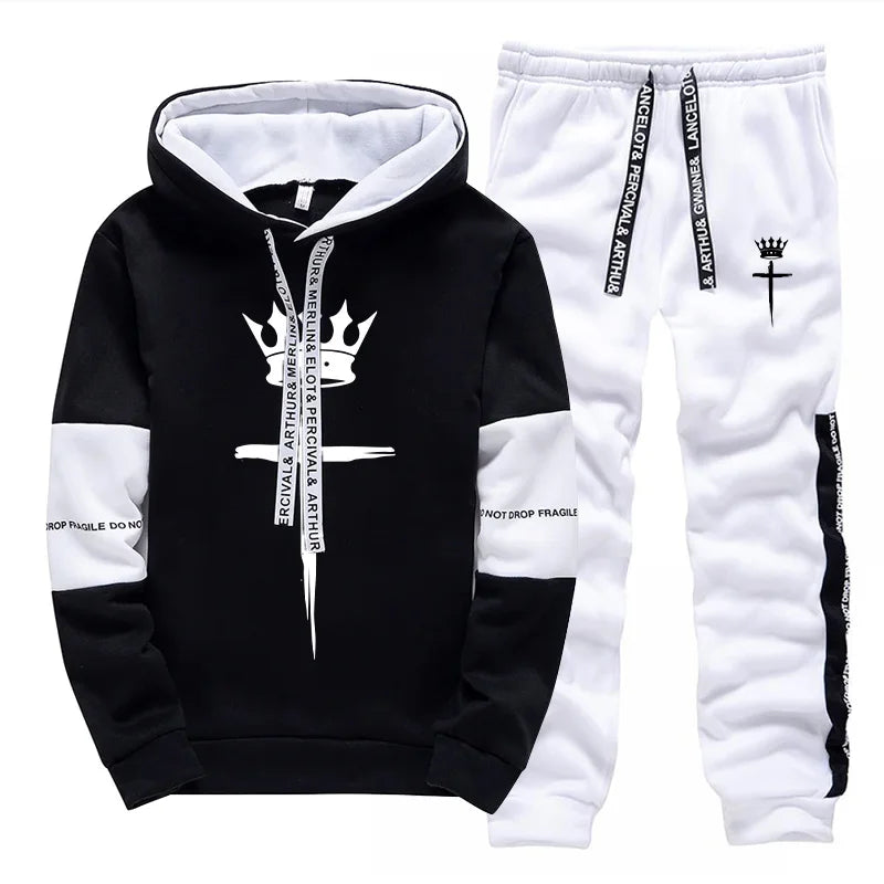 Cross Crown Print Sweatshirts Sweatpants High Quality Street Fashion Tracksuit 2025 Fall/winter Men's Sportswear 2pcs Set
