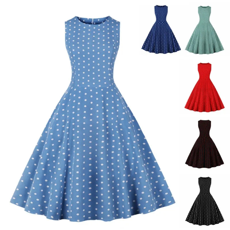 2025 New Women Party Dress Dot Print Sleeveless A Line 50s Evening Gowns Red A-line Tight Waist Prom Banquet Summer Midi Dress