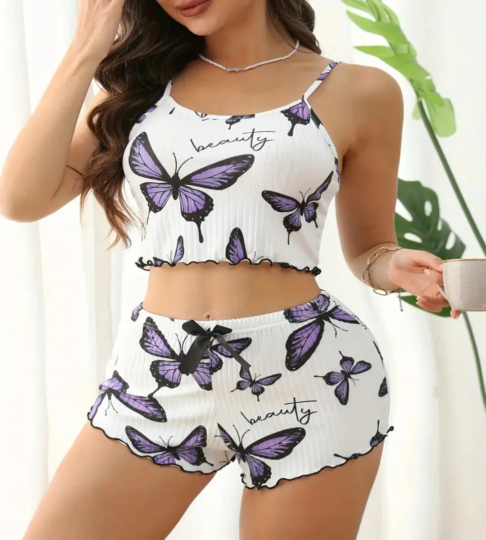 Women's Pajamas Set Summer New Style Sleeveless Sexy Camisole & Shorts 2-Piece Loungewear Floral Print Bow Tie Knit Pijama Set
