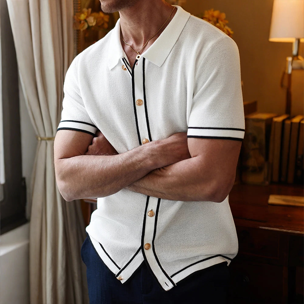 Men's Polo Shirts 2025 Summer Mens Retro Knit Lapel Striped Brand Fashion Short-Sleeved Breathable Casual Slim Tops Men US Size