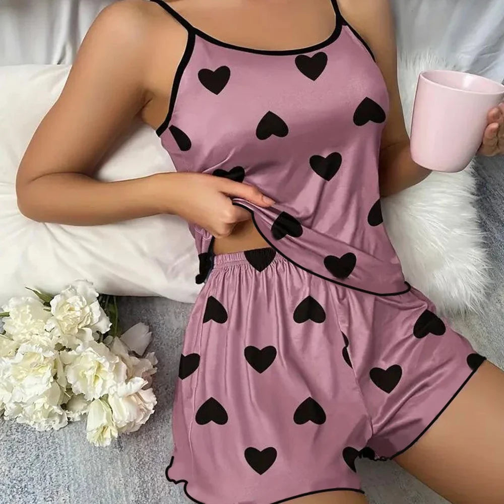 Summer New Women's Pajama Set Breathable Soft Casual Love Printed Design Sweet Home Strap Shorts Pajamas