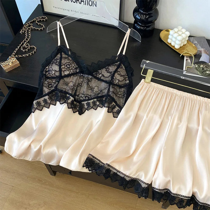 Female Suspender Pajamas Set Lounge Wear Sexy Hollow Out Lace Intimate Lingerie Sleepwear Summer New Strap Top&shorts Homewear