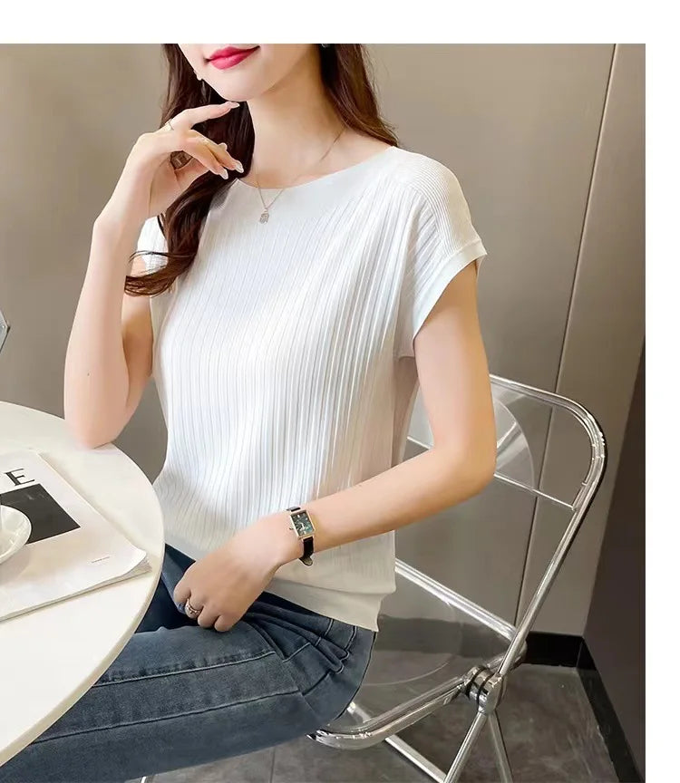 2025 New Spring Autumn Fashion Straight Neck  Knitted Sweater Short Sleeve Women Solid Color Simple Casual Tops Fema