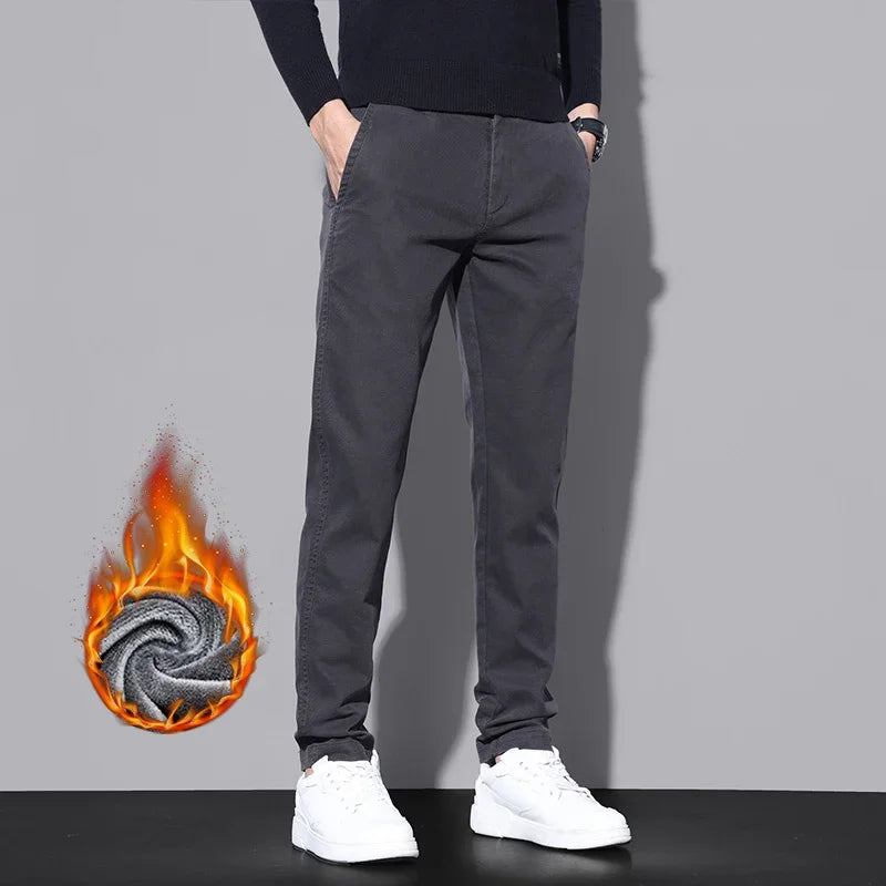Brand Fleece Pants Forr Men Winter New Warm Cotton Elastic Waist Korean Fashion Twill Straight Plush Trousers Male