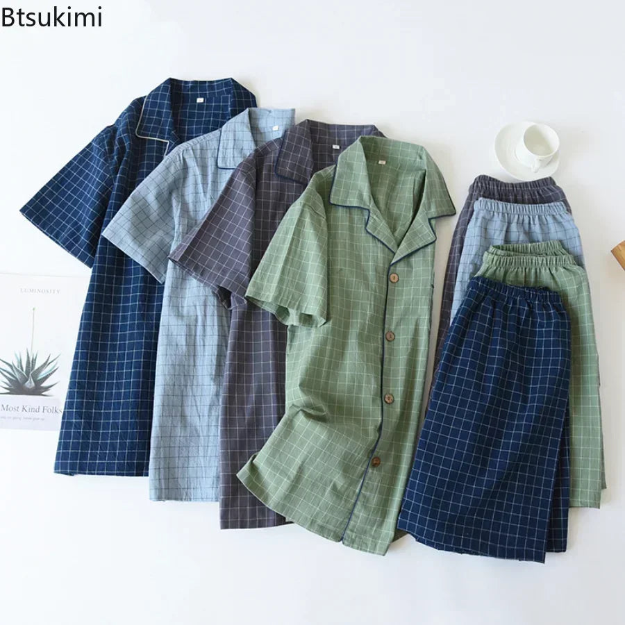 New2025 Men's Summer PajamasThin Short-sleeved Shorts Soft Cotton Simple Japanese Plaid Home Service Suit Pantalon Pijama Hombre