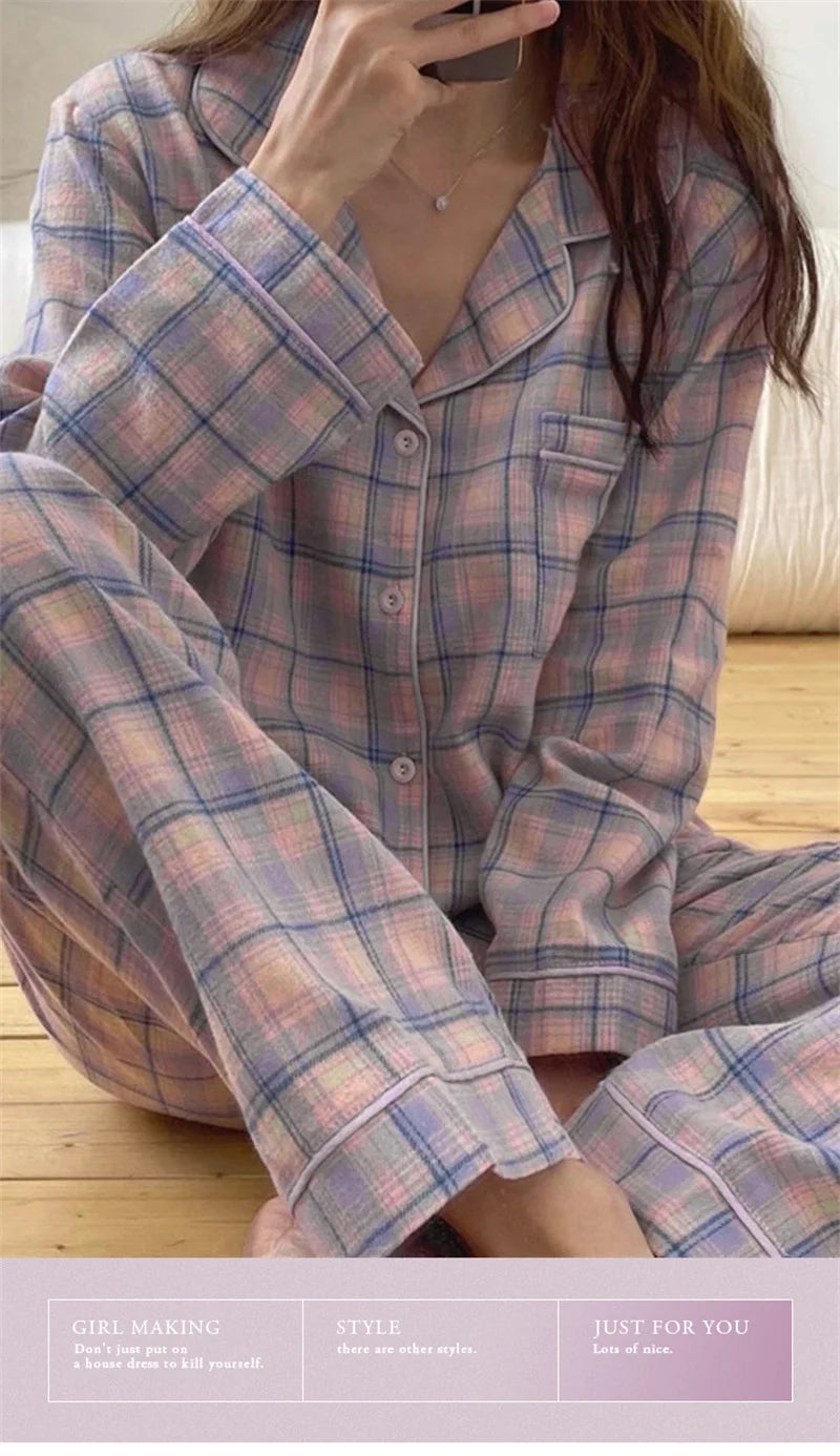 Pajamas Female Autumn and Winter Long-Sleeved Sweet Homewear Two-Piece Tide Cardigan Lapel Plaid Homewear 1
