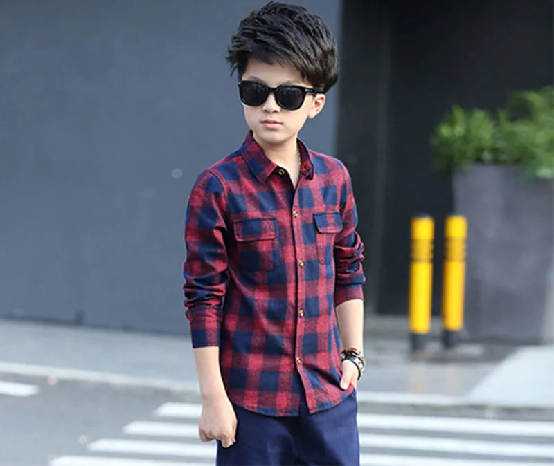 Boys Shirts Fashion Children Plaid Shirts Cotton Long Sleeve Boys Tops Shirt Teenage Kids Boys Clothes 5 6 8 9 10 12 14 15 Years
