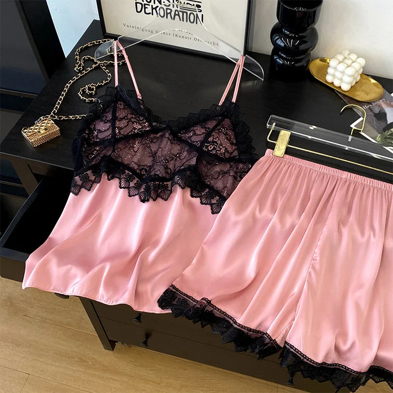 Female Suspender Pajamas Set Lounge Wear Sexy Hollow Out Lace Intimate Lingerie Sleepwear Summer New Strap Top&shorts Homewear