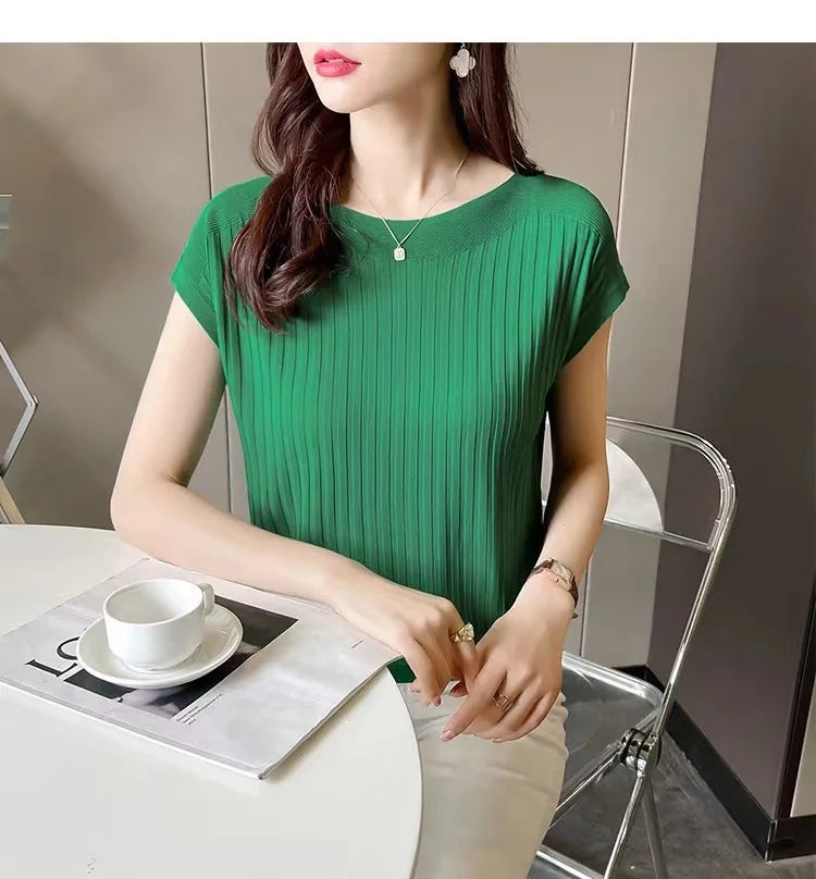 2025 New Spring Autumn Fashion Straight Neck  Knitted Sweater Short Sleeve Women Solid Color Simple Casual Tops Fema