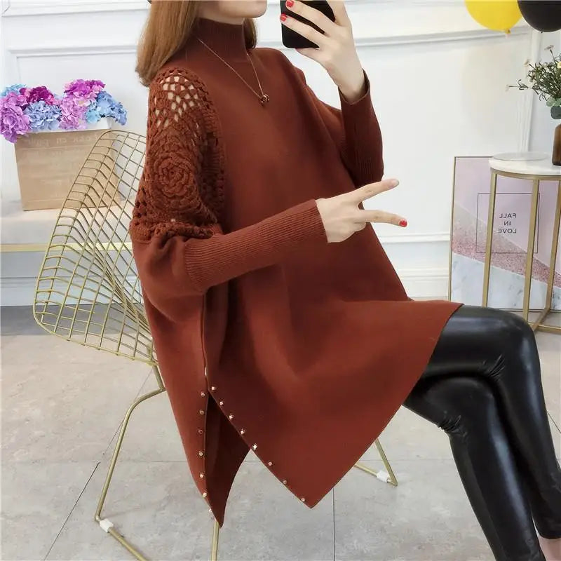 Autumn and winter loose bat pullover half high neck knitted sweater women's new shawl cape nail bead hook flower coat