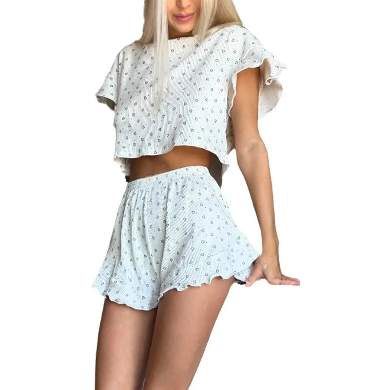 Summer New Women's American Short-Sleeved Pajamas Homewear Sets for Girls Casual Printing Ruffles Short-Sleeved Shorts Pajama Se