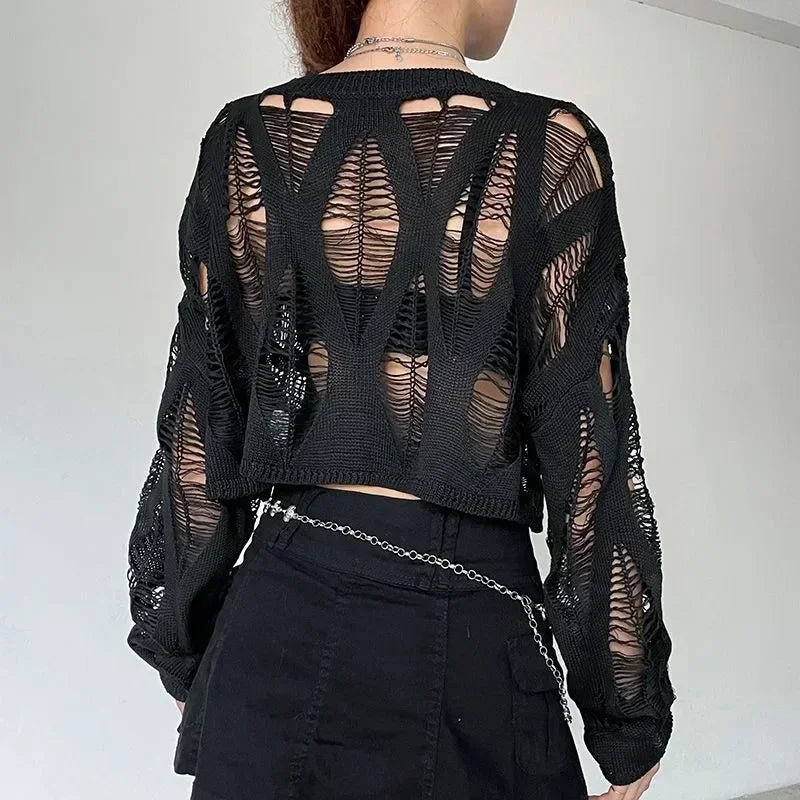 Vintage Hole Ripped Knitted Smock Tops Sexy Fashion Cropped Pullover Hollow Out Spring Autumn Sweater Knitwear Y2k Top Clothes