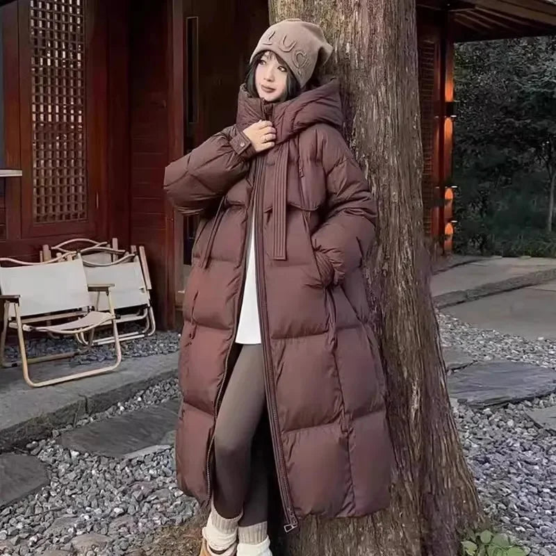 Black Winter Coat 2025 New Women's Thick Cotton Parka Jacket Korean Oversized Loose Hooded Coats Female Casual Long Overcoat