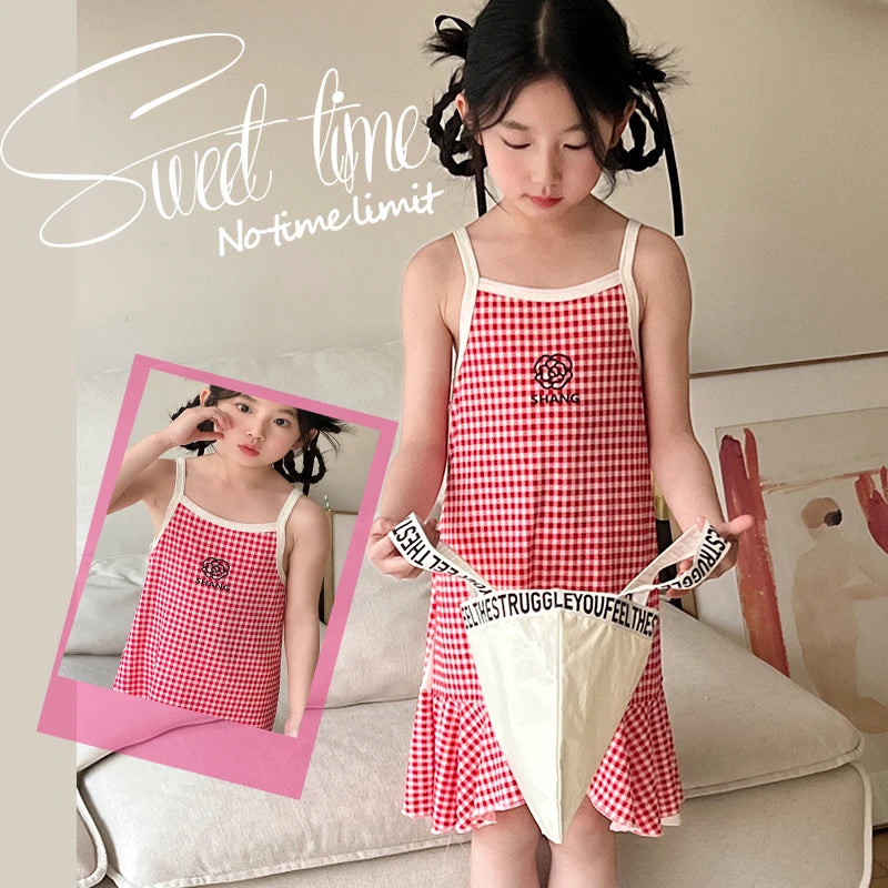 Girls' Summer Cotton Dresses Children's Fashion Dresses Thin Girls' Halter Dresses Children's Flower Dresses Dot Dresses Plaid D
