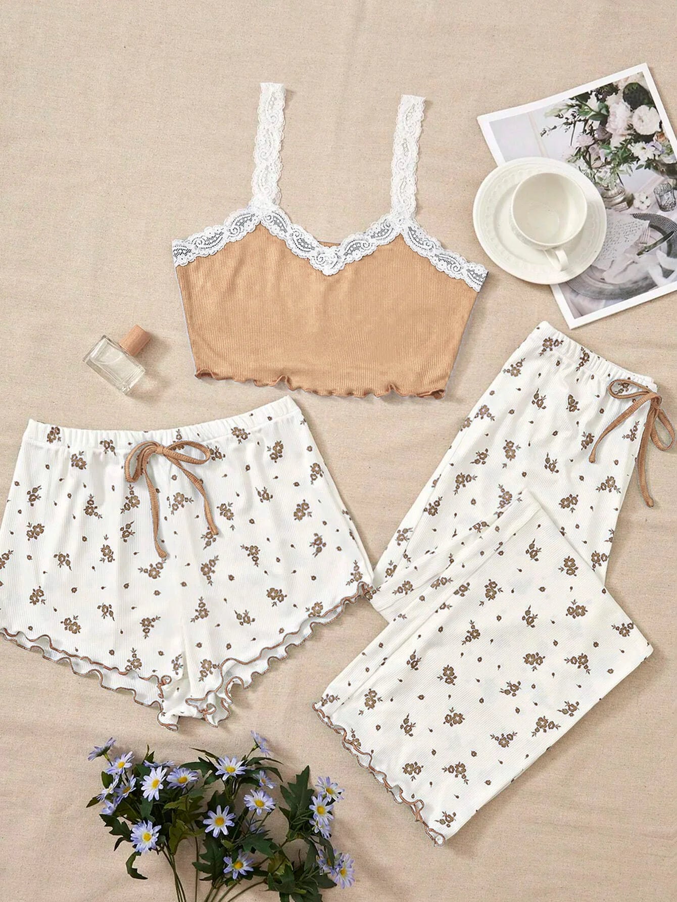 Pajama Sets Women Three Pieces Set Tank Tops Print Shorts Long Pant Suits Casual Sleep Lounge Sweet Lady Sleepwear Summer