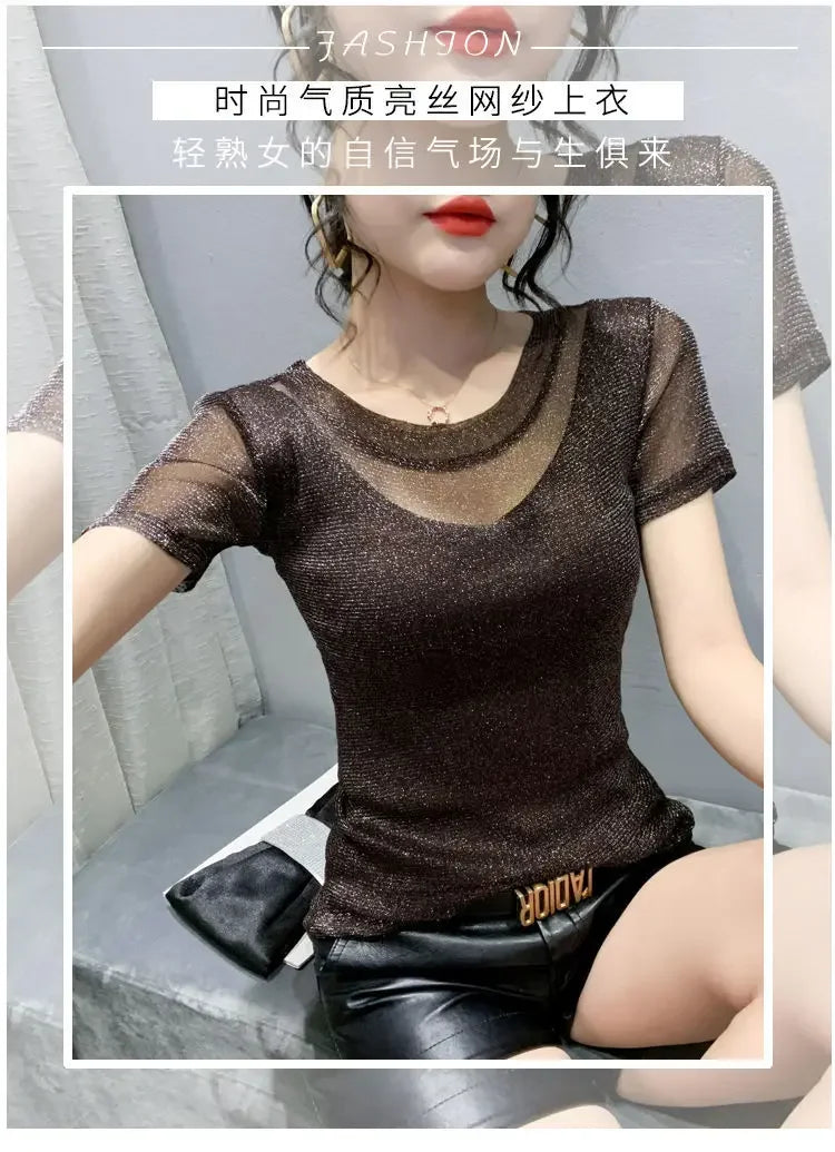 Summer Women Clothing 2025 New Half-sleeved Fashionable Short-sleeved T-shirt Hollow Mesh Top Lace Pullover