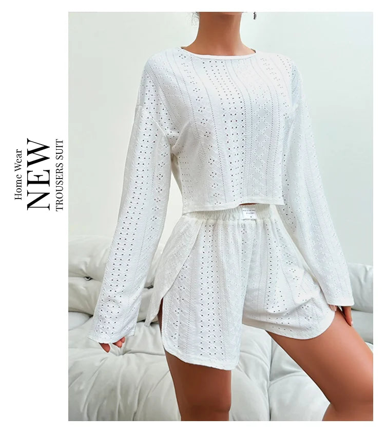 Women's Pajamas Set Sleepwear Loungewear Autumn Soft Comfortable Long Sleeve Tops With Shorts Pyjama Femme Home Clothes 2 Piece