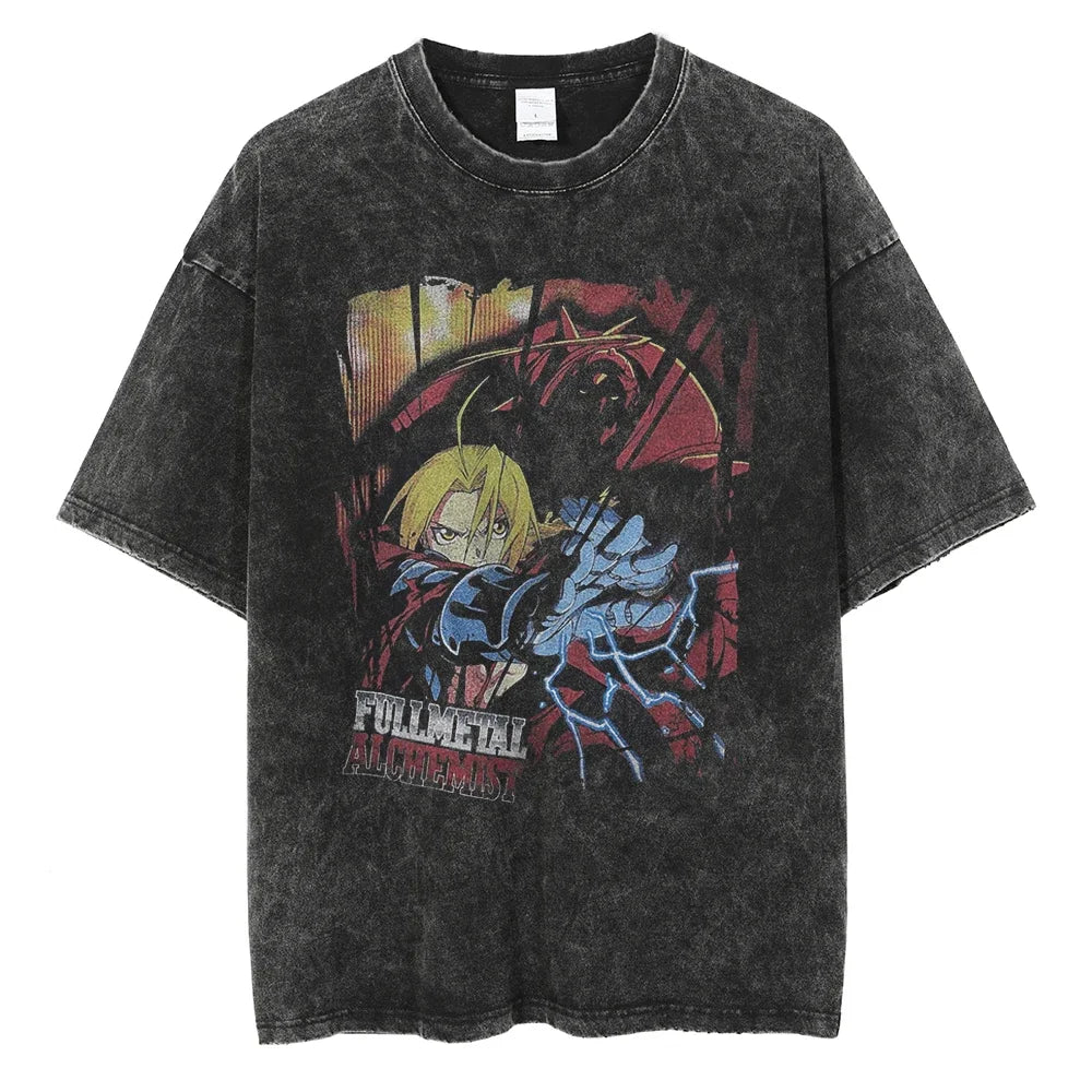 Men Washed T Shirt Fashion Hip Hop Streetwear Anime Graphic Print T-Shirt Vintage Tops Cotton Summer Short Sleeve Loose Tshirt