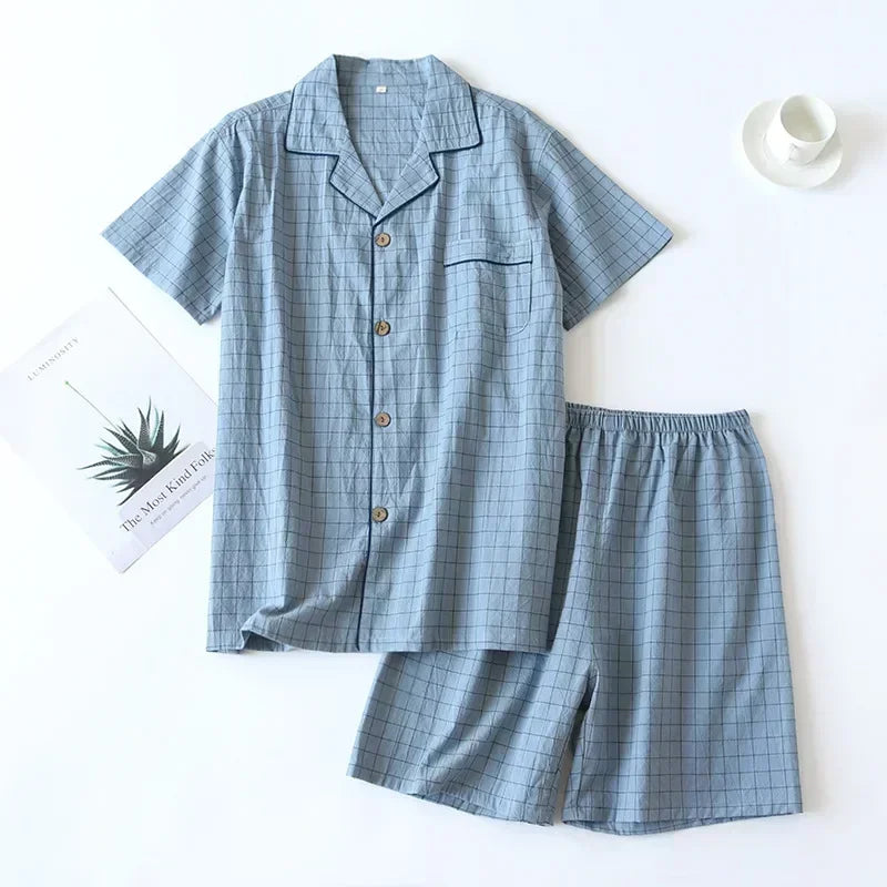 New2025 Men's Summer PajamasThin Short-sleeved Shorts Soft Cotton Simple Japanese Plaid Home Service Suit Pantalon Pijama Hombre