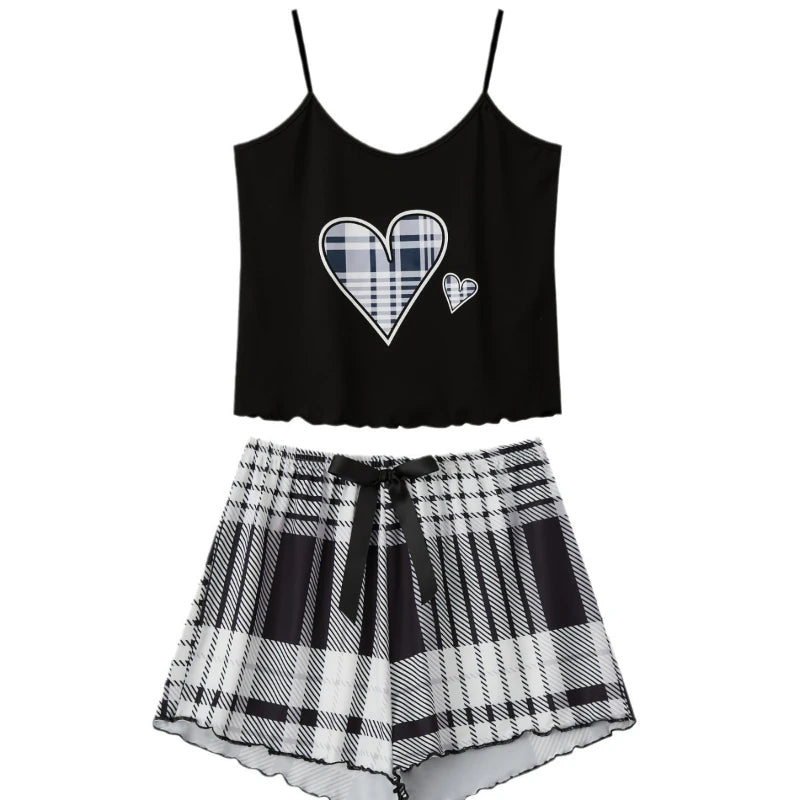 Pajama Sets Women Two Piece Set Sling Underwear Tops Short Pants Plaid Elastic Waist Lounge Lace Up Homewear Casual Summer 2025
