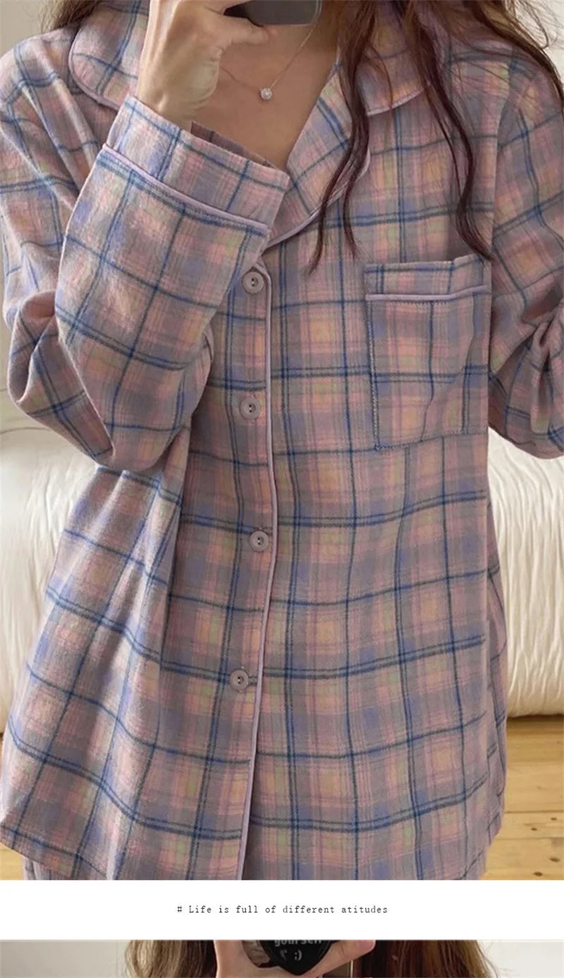 Pajamas Female Autumn and Winter Long-Sleeved Sweet Homewear Two-Piece Tide Cardigan Lapel Plaid Homewear 1