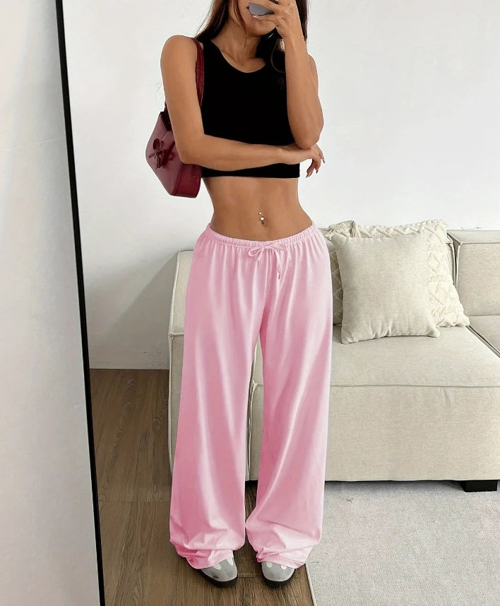 Women's Pants 2024 Spring Fashion Solid Color Low Waisted Casual Elastic Waisted Lace Up Wide Leg Daily Sports Pants