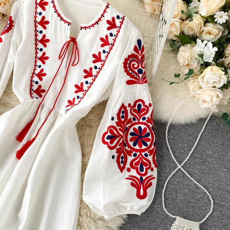 Bohemian Embroidered Dress for Women, Boho, Flower, O-Neck, Lantern Long Sleeve, High Waist, Cotton, White, Spring