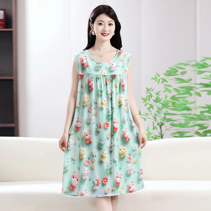 2025 New Women's Spwear Cotton Silk Nightgown round Ne Mid-Length Svel Dr Artificial Cotton Home Clothes