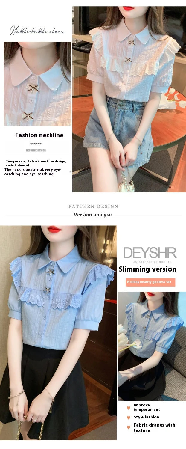 Summer Dress Women's Shirt T-Shirt New Women's Shirt Cotton Shirt Women's Foreign Design Sense Niche Short Sleeve Lace Top