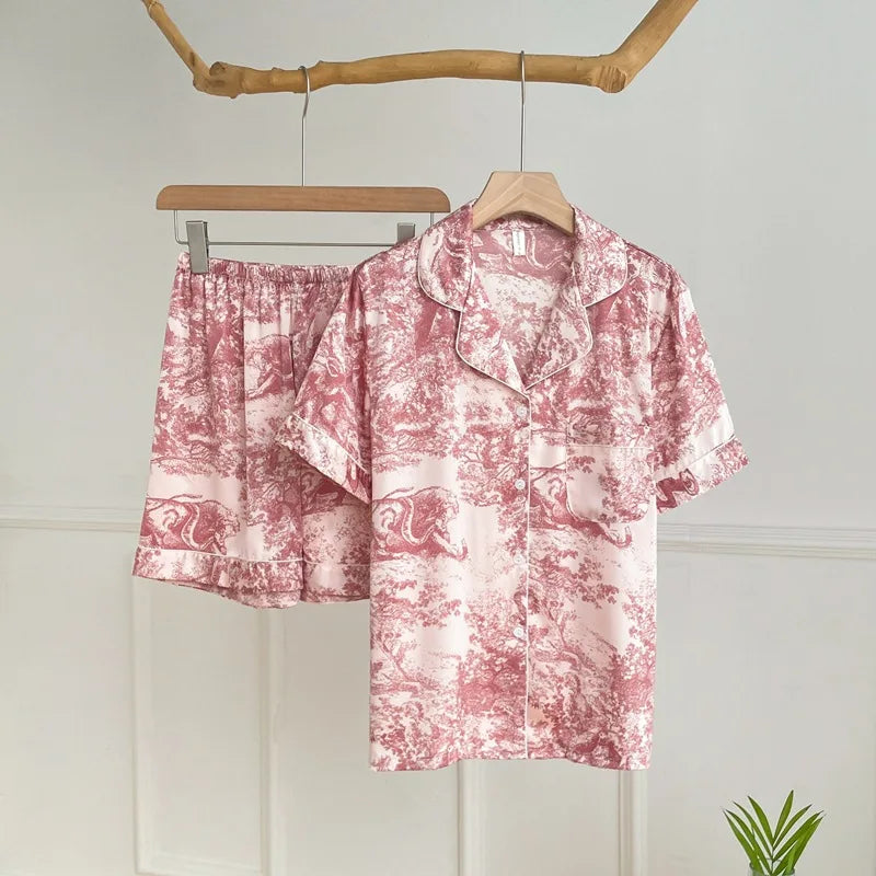 Women's Pajamas Sets Spring Autumn 2 Piece Print Leaves Pyjama Faux Silk Satin Sleepwear Long Sleeve Pijama Mujer Pjs Homewear