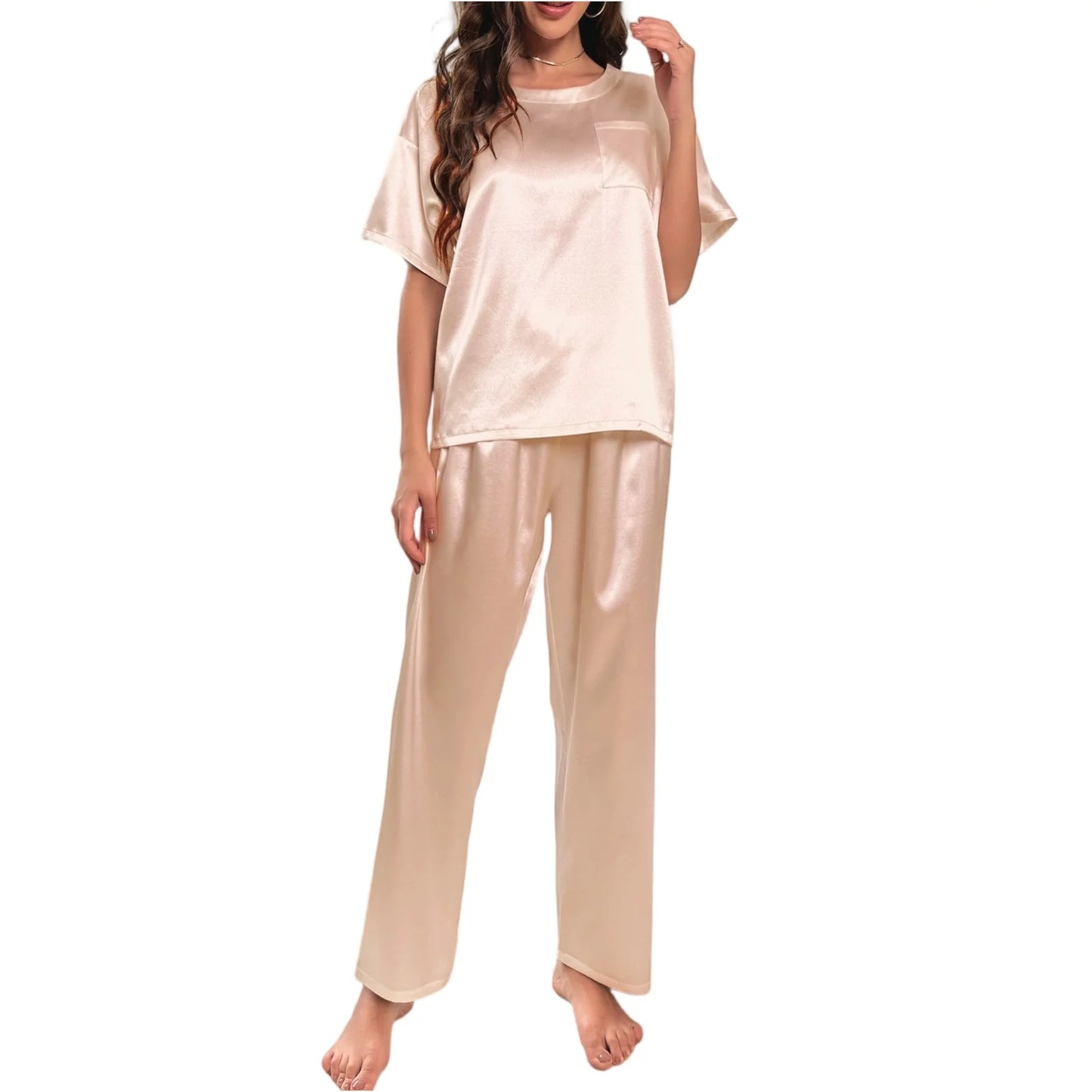 High Quality Casual Ice Silk Loose Pajamas Set Short Sleeved Long Pants Comfortable Pajama Set Daily Home Clothes Pajama Set