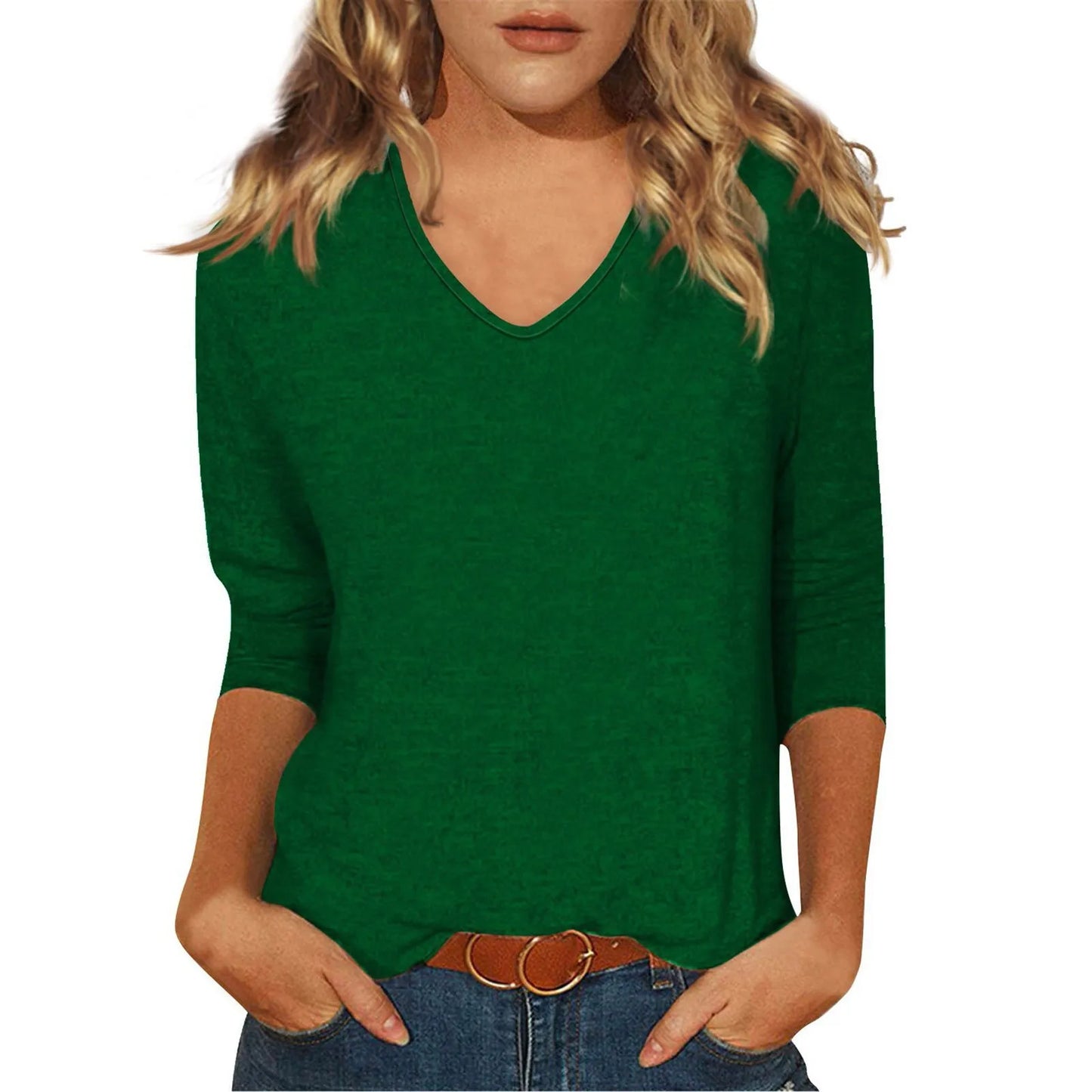 Women's T-Shirt Fashion Casual Everyday Versatile V-Neck 3/4 Length Sleeve Tops Solid Color Printed T-Shirt Top