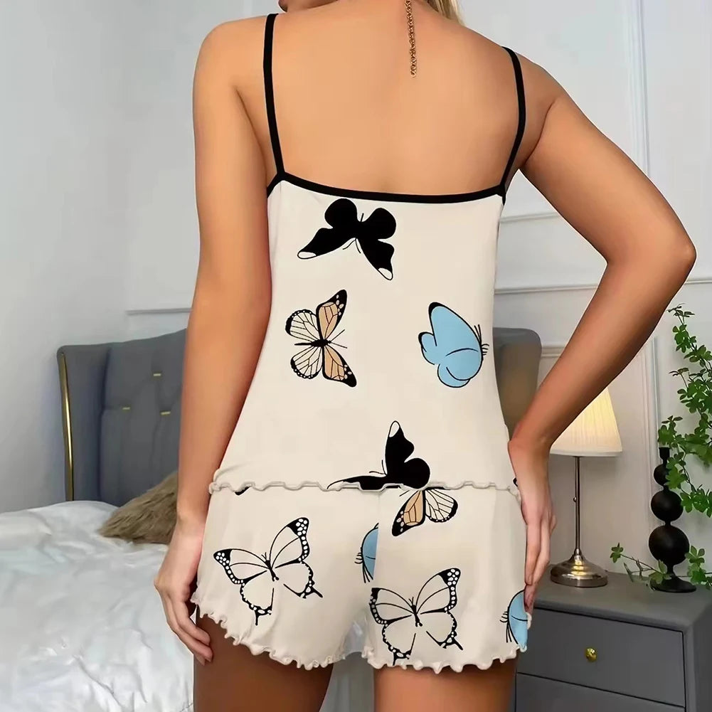 Womens Butterfly Print Pajamas Suit Comfortable Stylish Casual Soft Vest Shorts Trouser Sets Women Pajama Fashion Lounge Pajamas