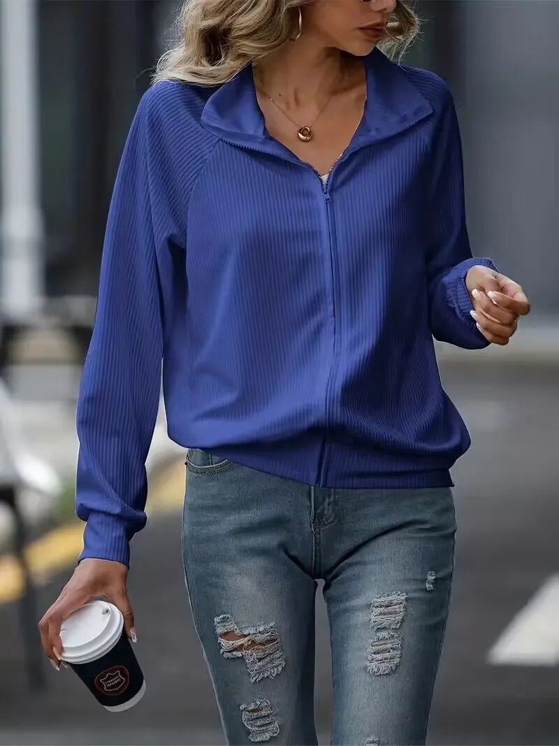 Independent station casual women's autumn and winter new jacket solid color long sleeved loose zipper versatile knitted jacket