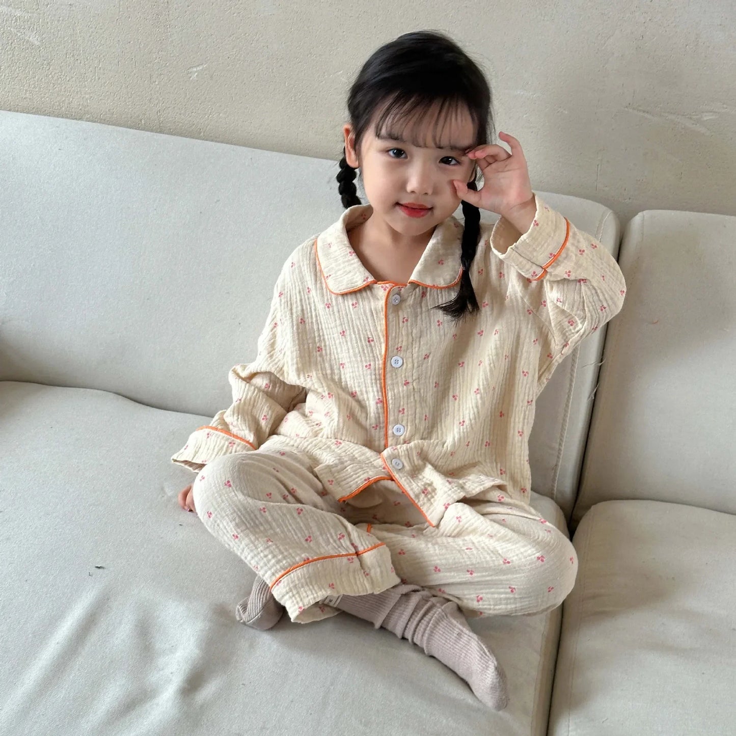 Pajama Sets New Spring Autumn Season Pure Cotton Gauze Baby Long Sleeved Girl Boys Childrens Clothing Sleepwear