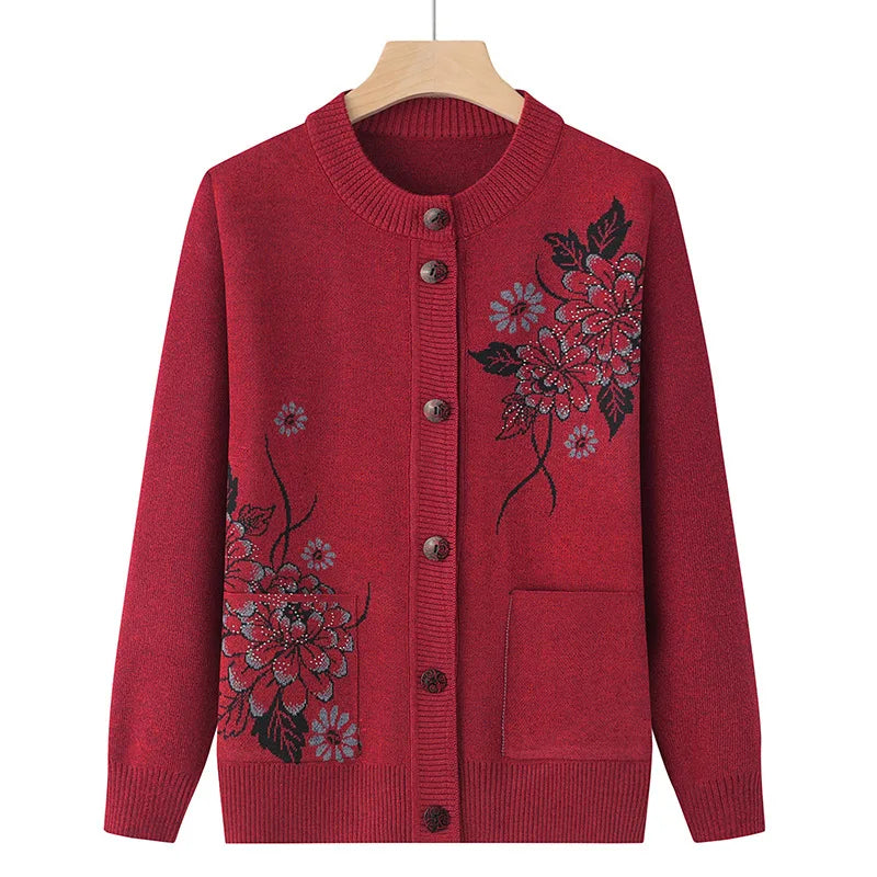 Korean Women's Clothes New Knit Woolen Printed Cardigan Coat Middle Aged Mother Knitwear Tops Vintage Grandma Sweater Jacket
