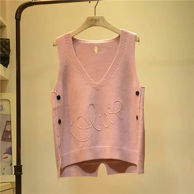 WTEMPO Fashion V-Neck Button High Low Vest Sleeveless Sweater Women's Clothing Autumn All-match Pullovers Loose Korean Tops