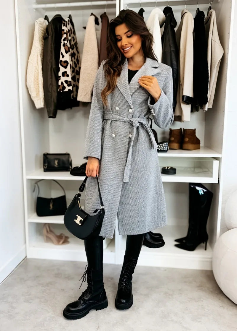 Women's Woolen Coat Autumn Winter Vintage Elegant Double Breasted Trench Coat Women Brown Long Sleeved Midi Windbreaker Jacket