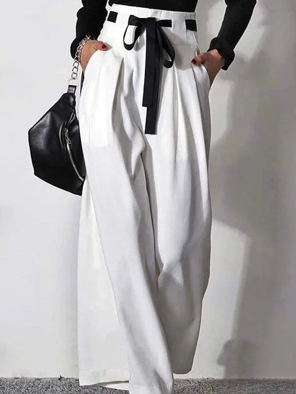 Women's White Pants  New Fashion Solid Color Pockets Pleated Drawstring High Waisted Wide Leg Loose Casual Trousers