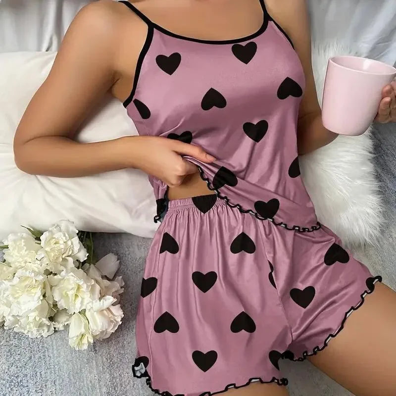 Summer New Women's Pajama Set Breathable Soft Casual Love Printed Design Sweet Home Strap Shorts Pajamas