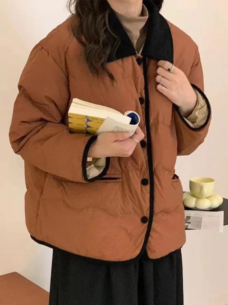 Women Casual Down Coats Korean Fashion Cotton Padded Jacket Female Autumn Winter Long Sleeve Single Breasted Warm Solid Coat