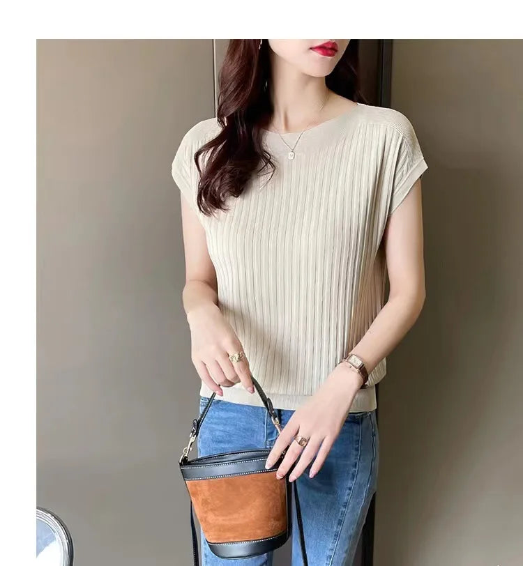 2025 New Spring Autumn Fashion Straight Neck  Knitted Sweater Short Sleeve Women Solid Color Simple Casual Tops Fema