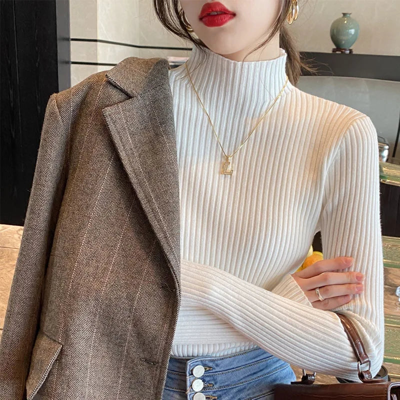 Winter Long Sleeve Mock Neck Knitted Women Sweater Pullover Slim Knit Sweater Women Tops Blusas Mujer De Moda 2024 Blusa J995