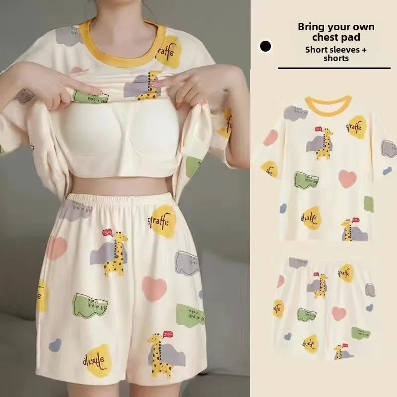 Pijama Set Women Short Sleeve Pullover Sweet with Chest Pads Cartoon Student Casual Home Plus Size Ladies Romantic Sleepwear