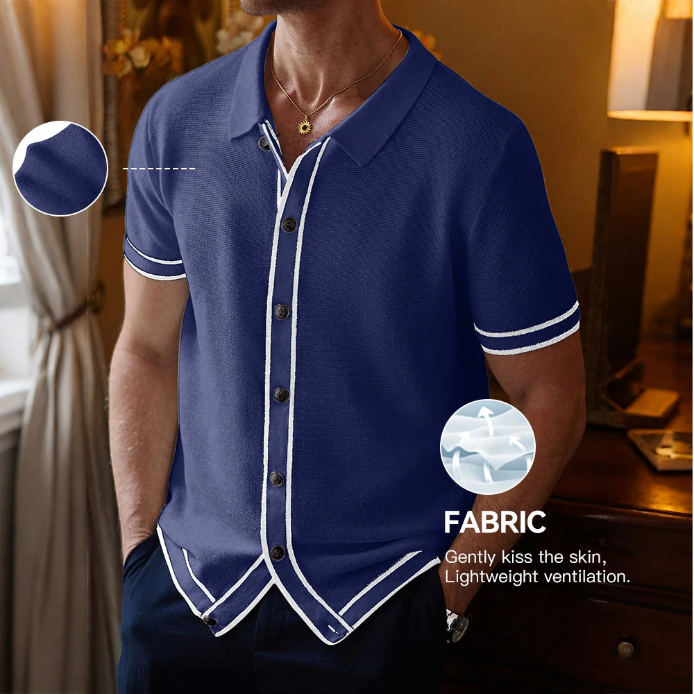 Men's Polo Shirts 2025 Summer Mens Retro Knit Lapel Striped Brand Fashion Short-Sleeved Breathable Casual Slim Tops Men US Size
