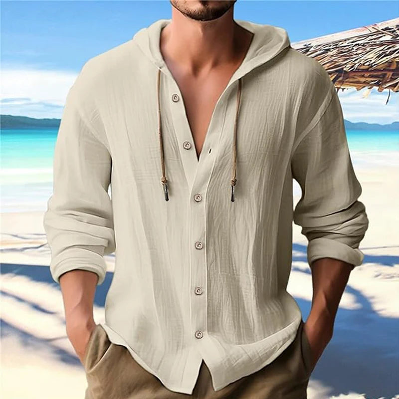 Summer Men's Cotton Linen Shirt Solid Streetwear Long Sleeve Hoodie Clothing For Men Button Tops Casual Loose Men Hooded Shirt